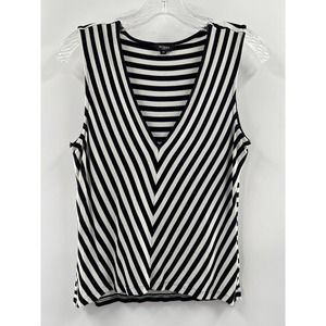 Hobbs London Women’s Sleeveless V Neck Striped Knit Tee Black Tan Size Medium